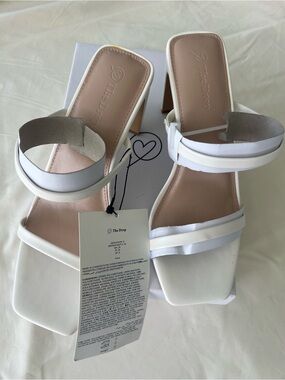 Avery White Double-Strap Square Toe Block Heels